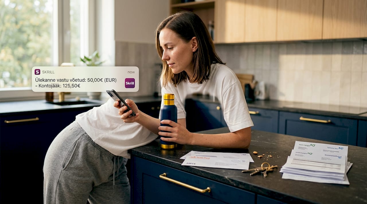 Naine vaatab telefonist oma e-rahakoti laekumist