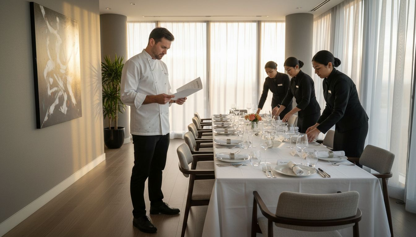 Private chef overseeing luxury event dining setup