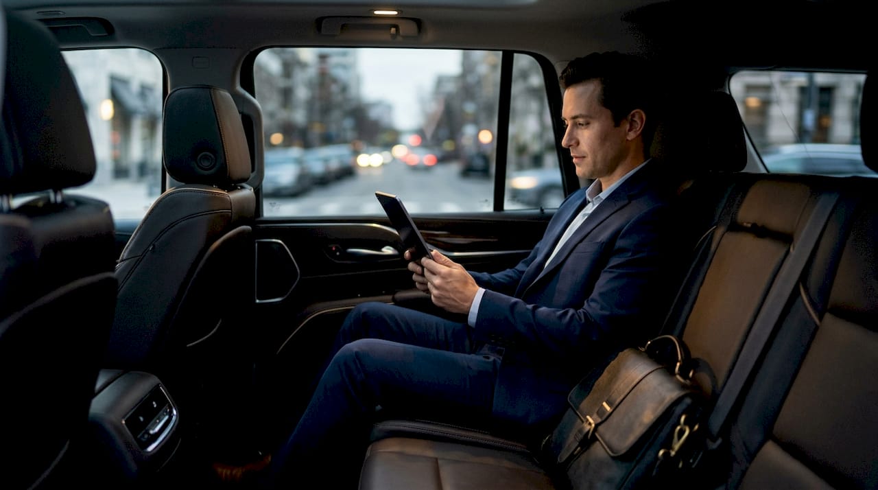 Business traveler relaxing inside luxury transfer car