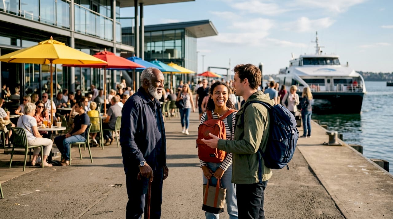 Travelers waiting at ferry terminal bus stop