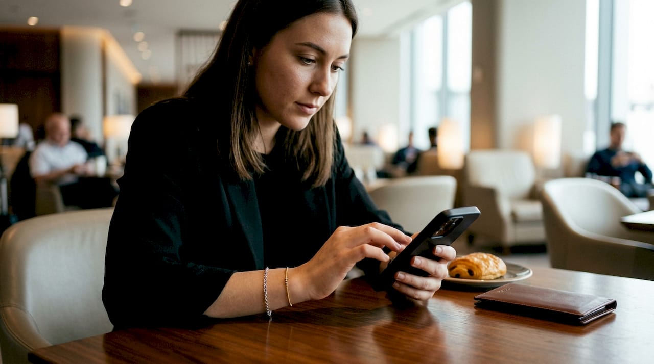 Hands holding smartphone in airport lounge