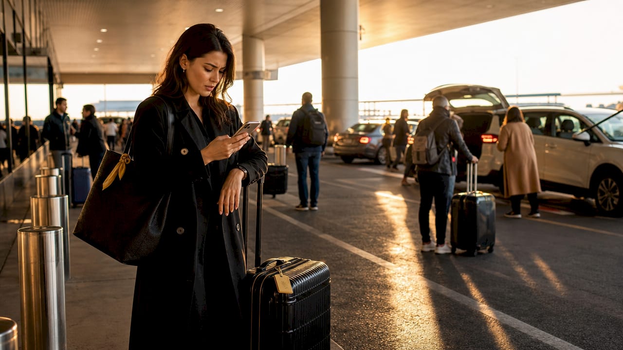 Worried traveler checking phone at airport arrivals