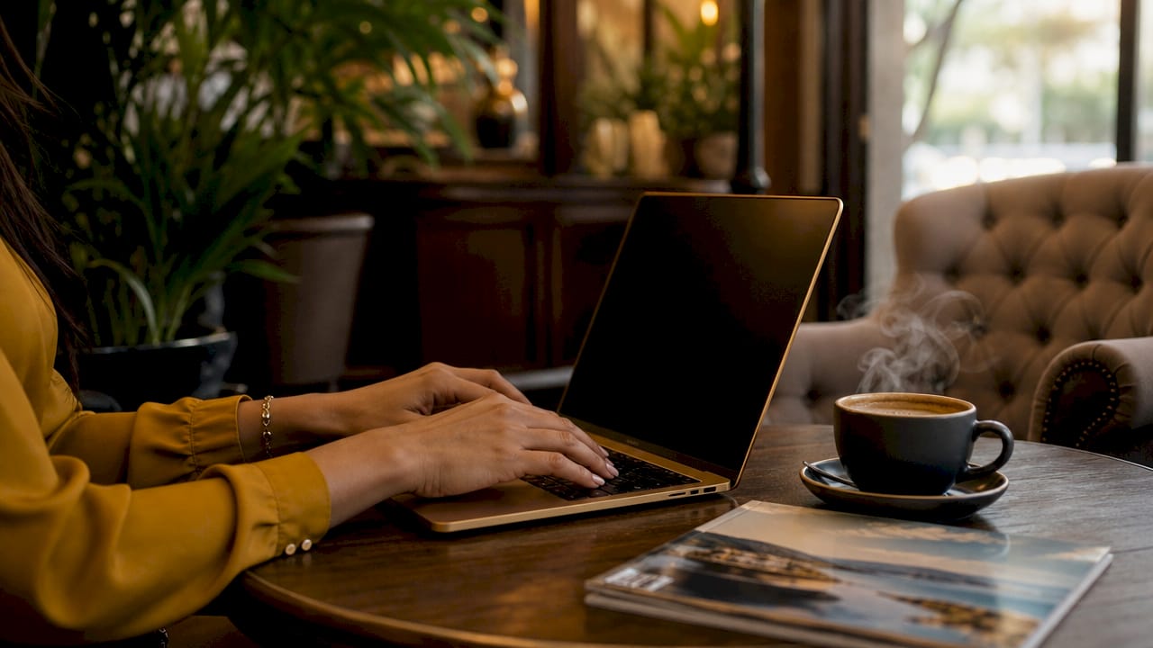 Close-up of hands entering booking info