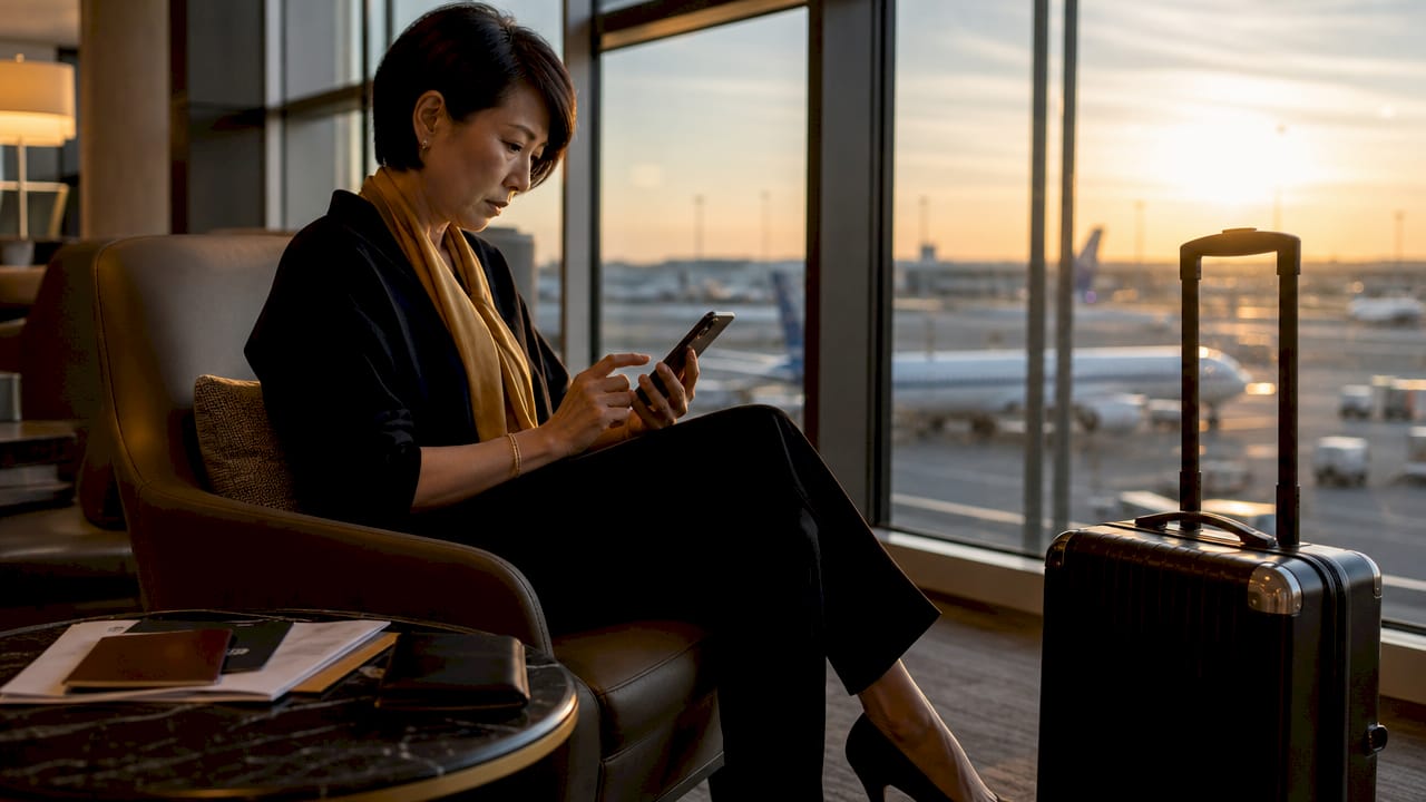 Woman booking premium luggage transfer on smartphone