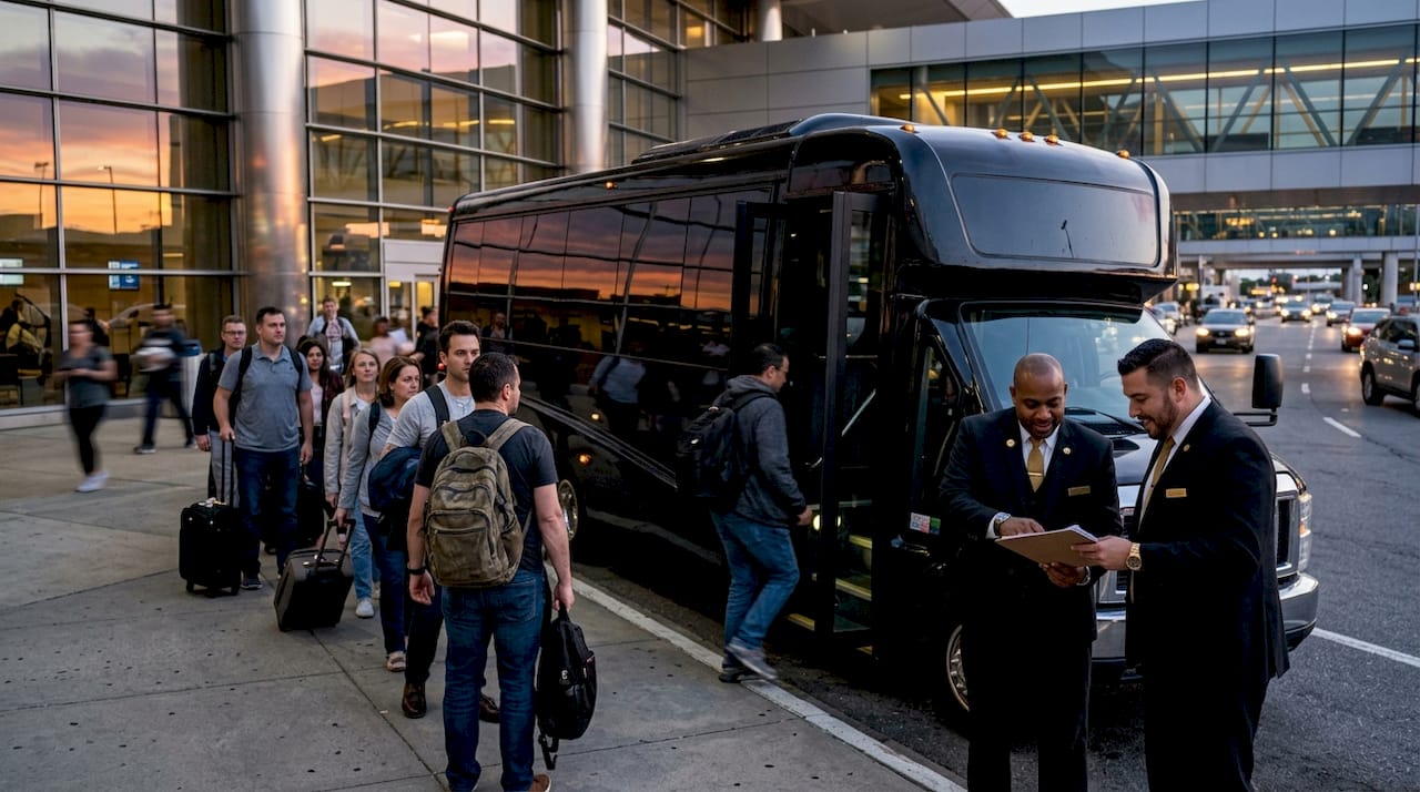 Luxury van ready for group airport pickup