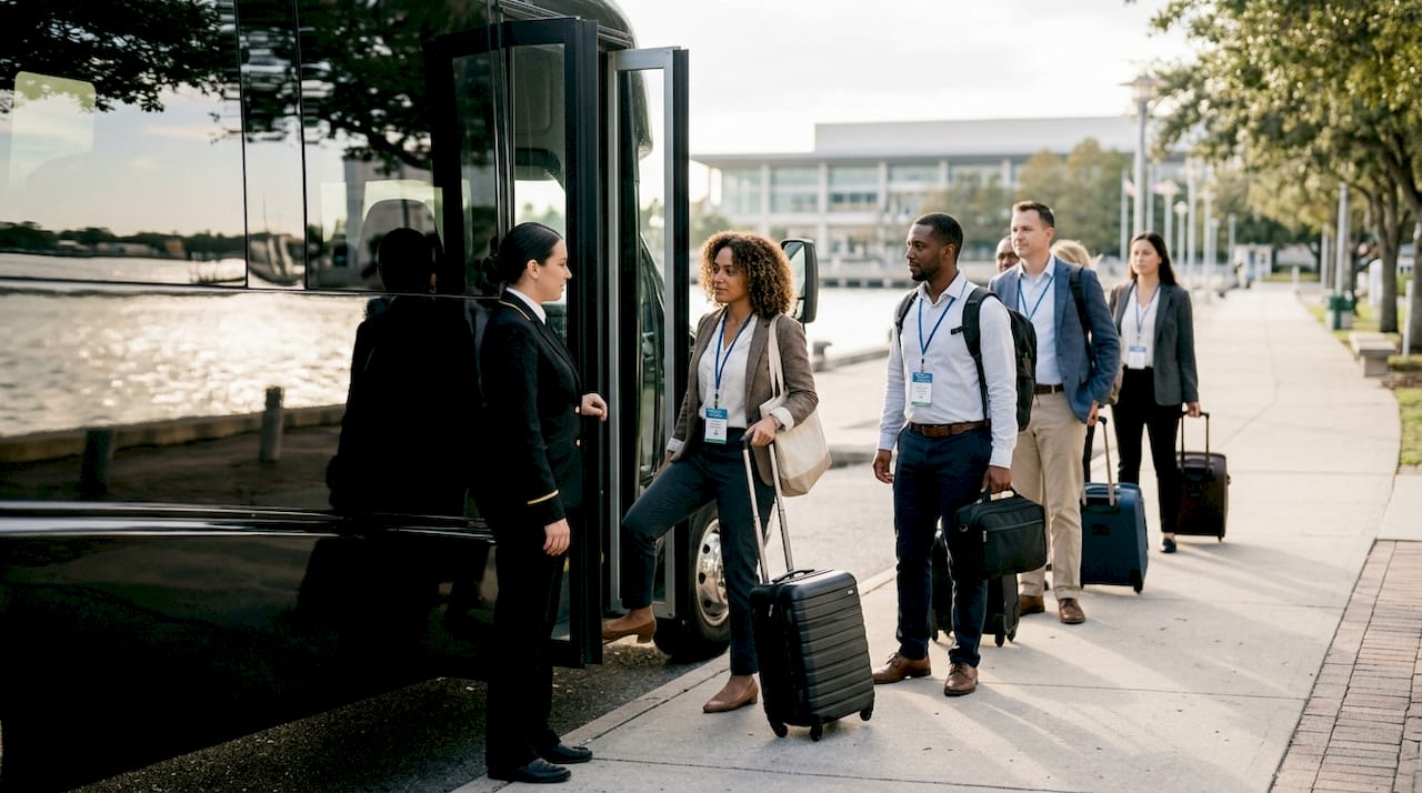 Conference shuttle driver welcoming attendees aboard