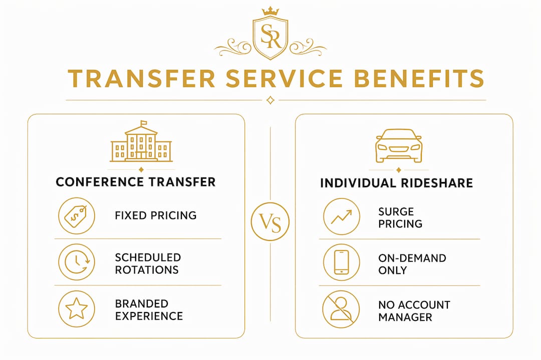 Infographic comparing conference transfer service and rideshares