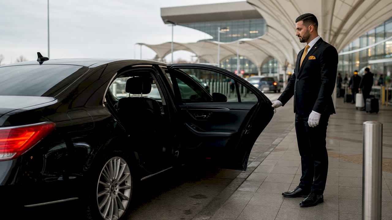 Luxury car with chauffeur at airport pickup