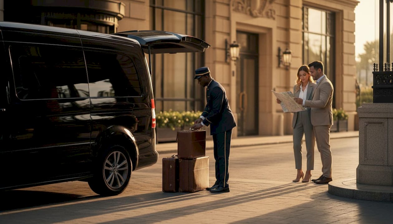 Bellhop loading luggage into hotel shuttle van
