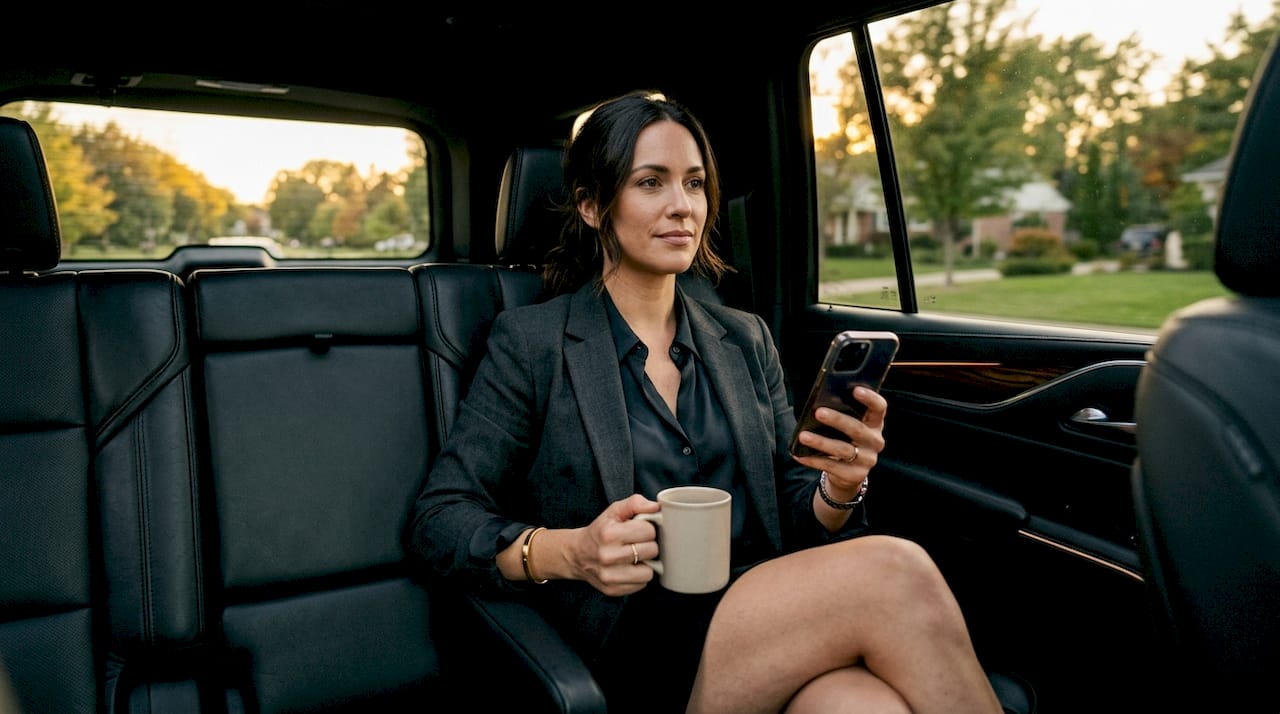 Business traveler using private transfer vehicle interior