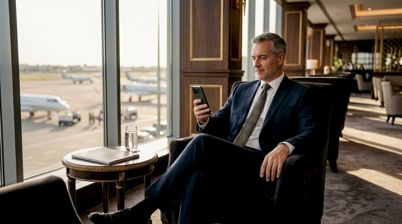 Businessman relaxing in private aviation terminal lounge