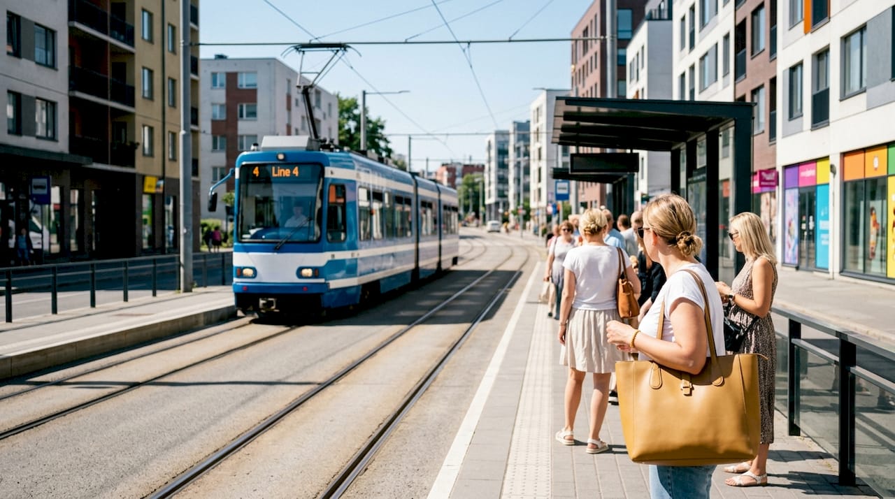Blue and yellow tram Line 4 arriving at city platform in Tallinn