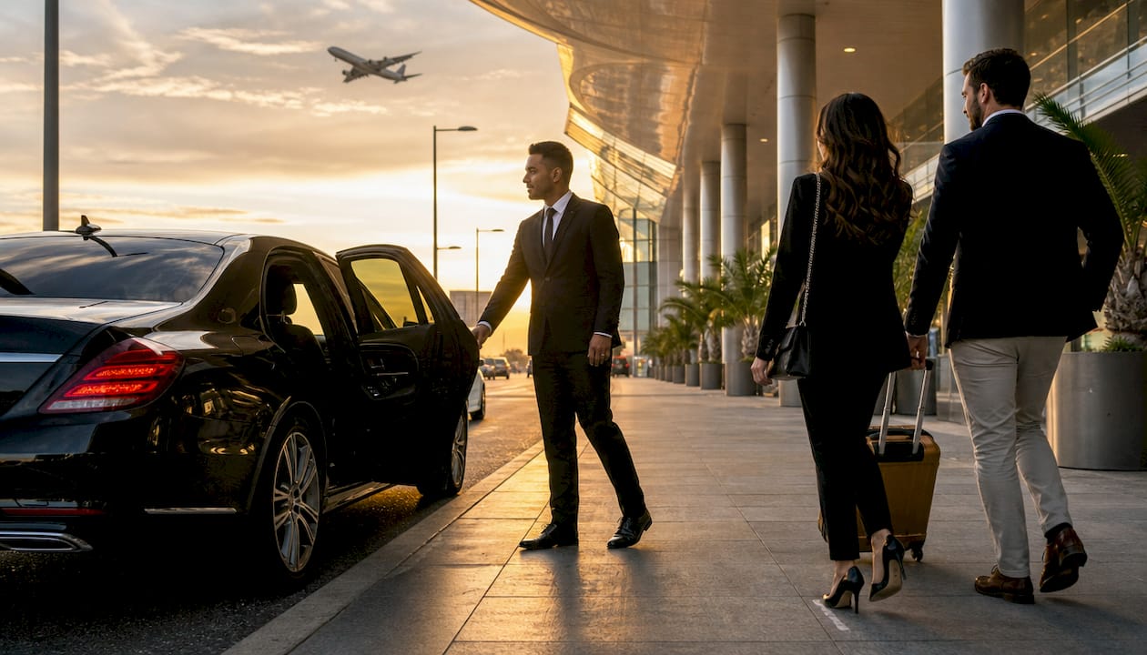 Chauffeur opening car door at airport curbside