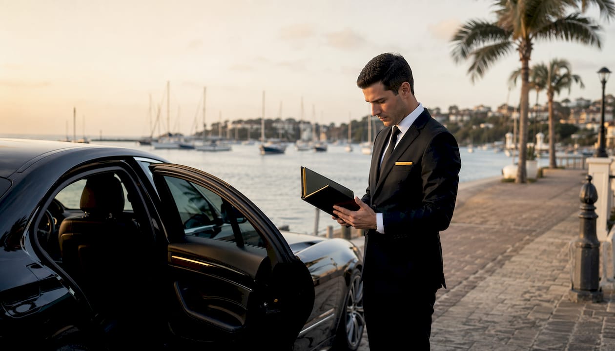 Chauffeur opening car door for business traveler