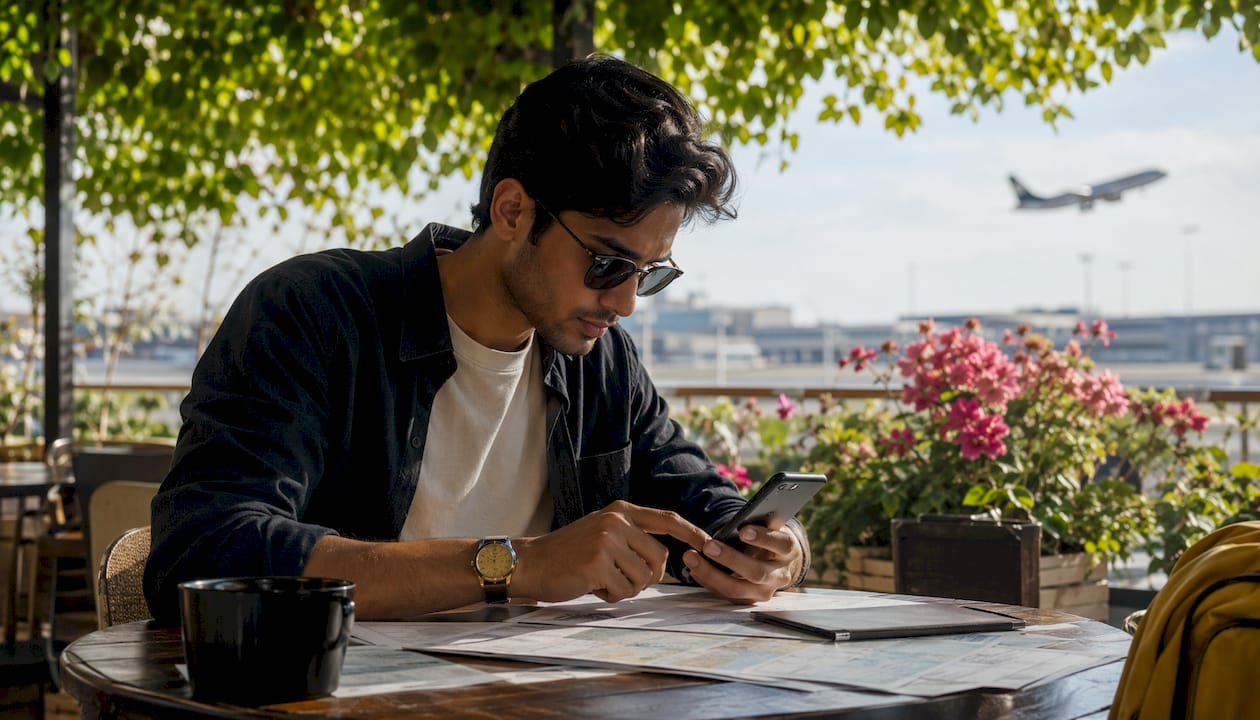 Man booking airport transfer on laptop at home office