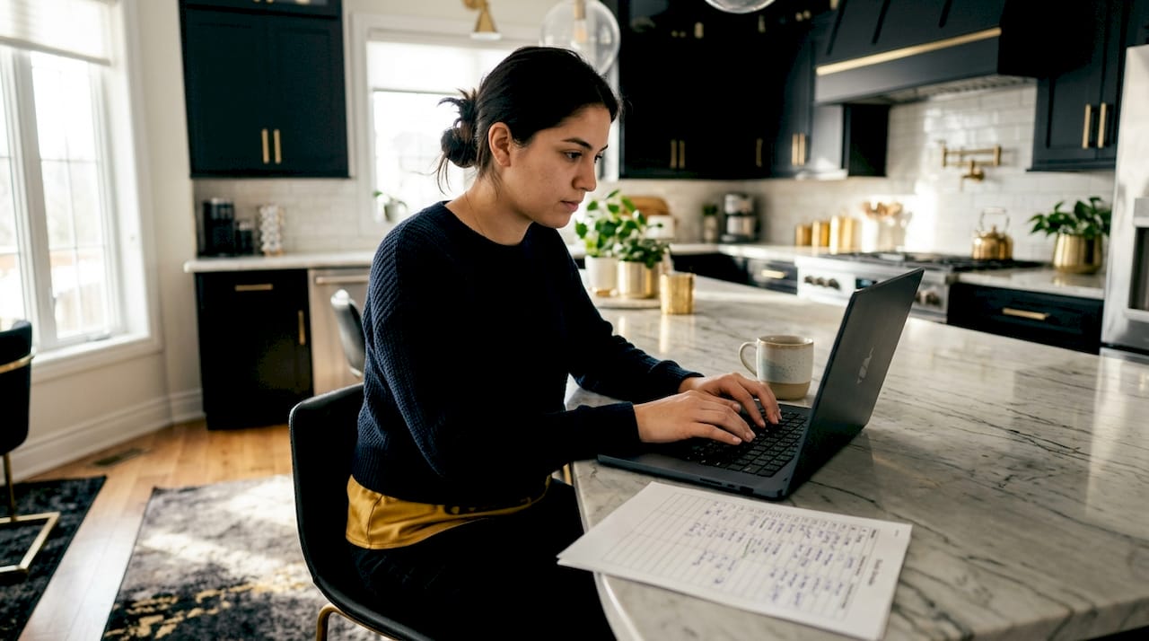 Coordinator typing schedule with printed itinerary nearby