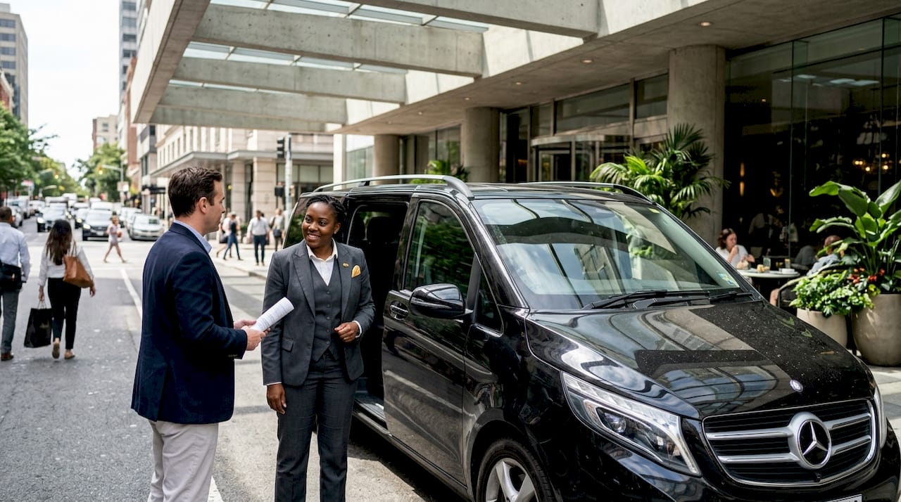 Luxury transfer vehicle and chauffeur outside office building
