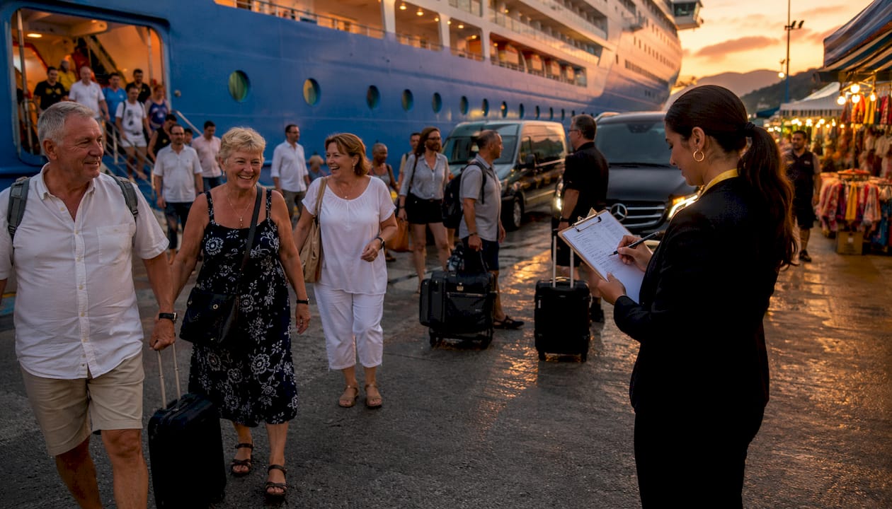 Passengers boarding shuttle at cruise port transfer