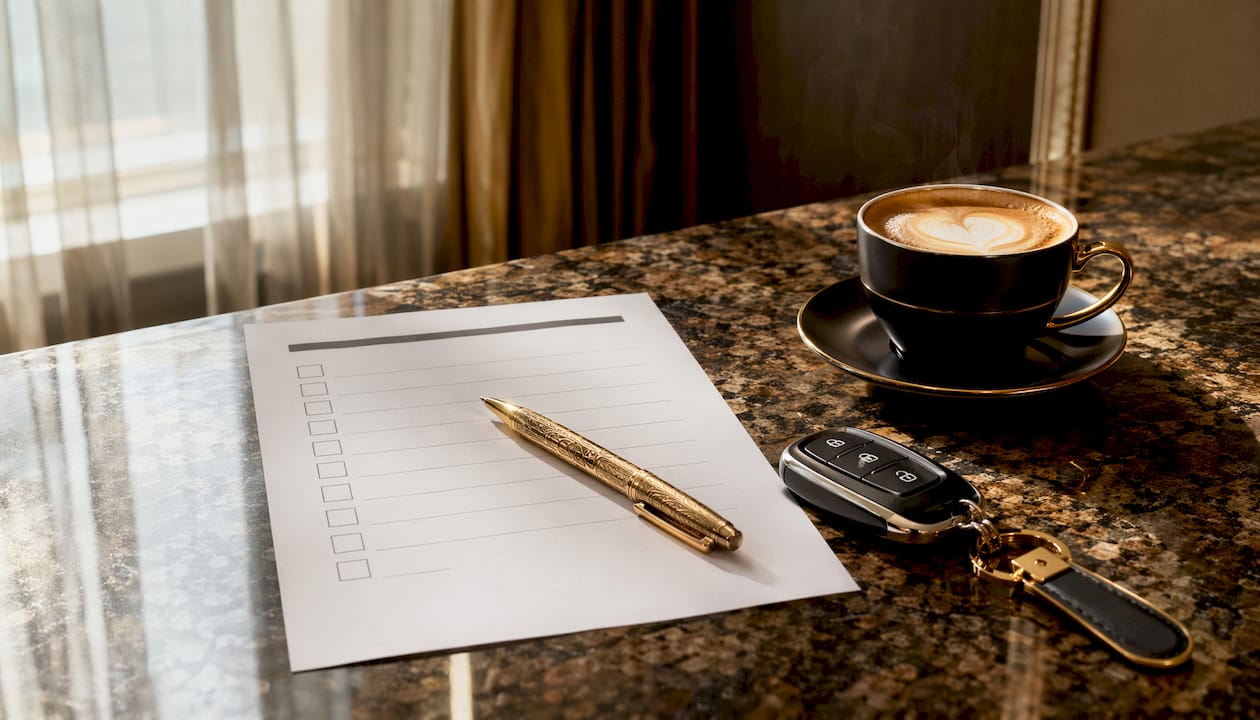 Overhead shot of luxury transfer booking checklist and accessories