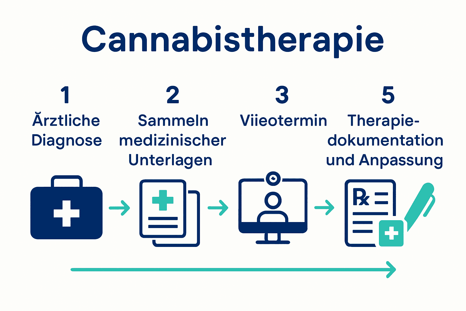 Infografik zeigt fünf Schritte der Cannabistherapie von Diagnose bis Dokumentation.