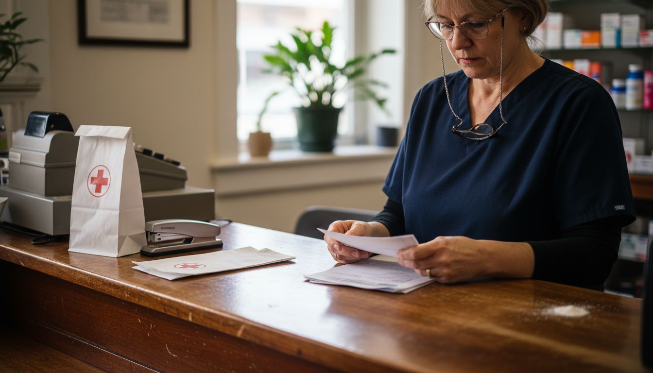 Pharmacist prepares cannabis prescription at counter