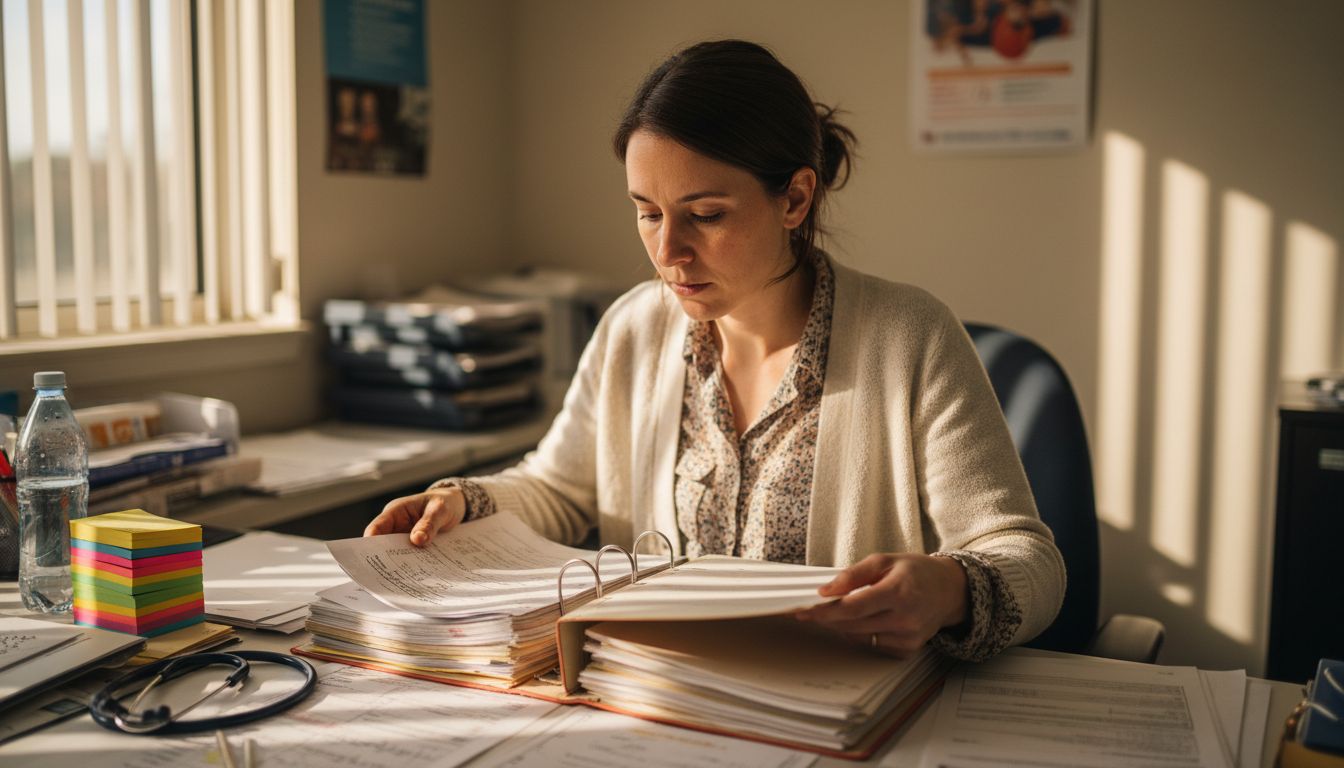 Physician reviewing patient files in clinic