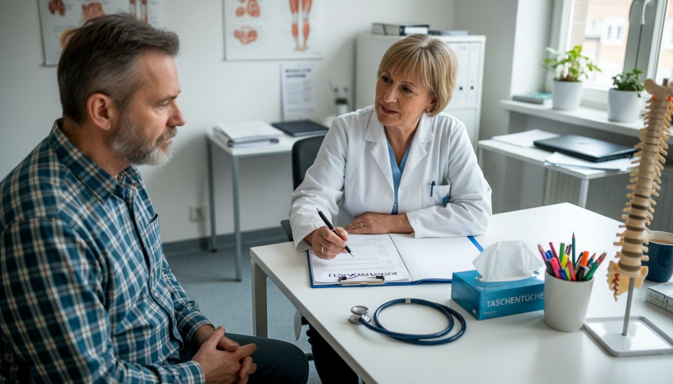 Ein Arzt bespricht verschiedene Möglichkeiten der Schmerztherapie mit dem Patienten.