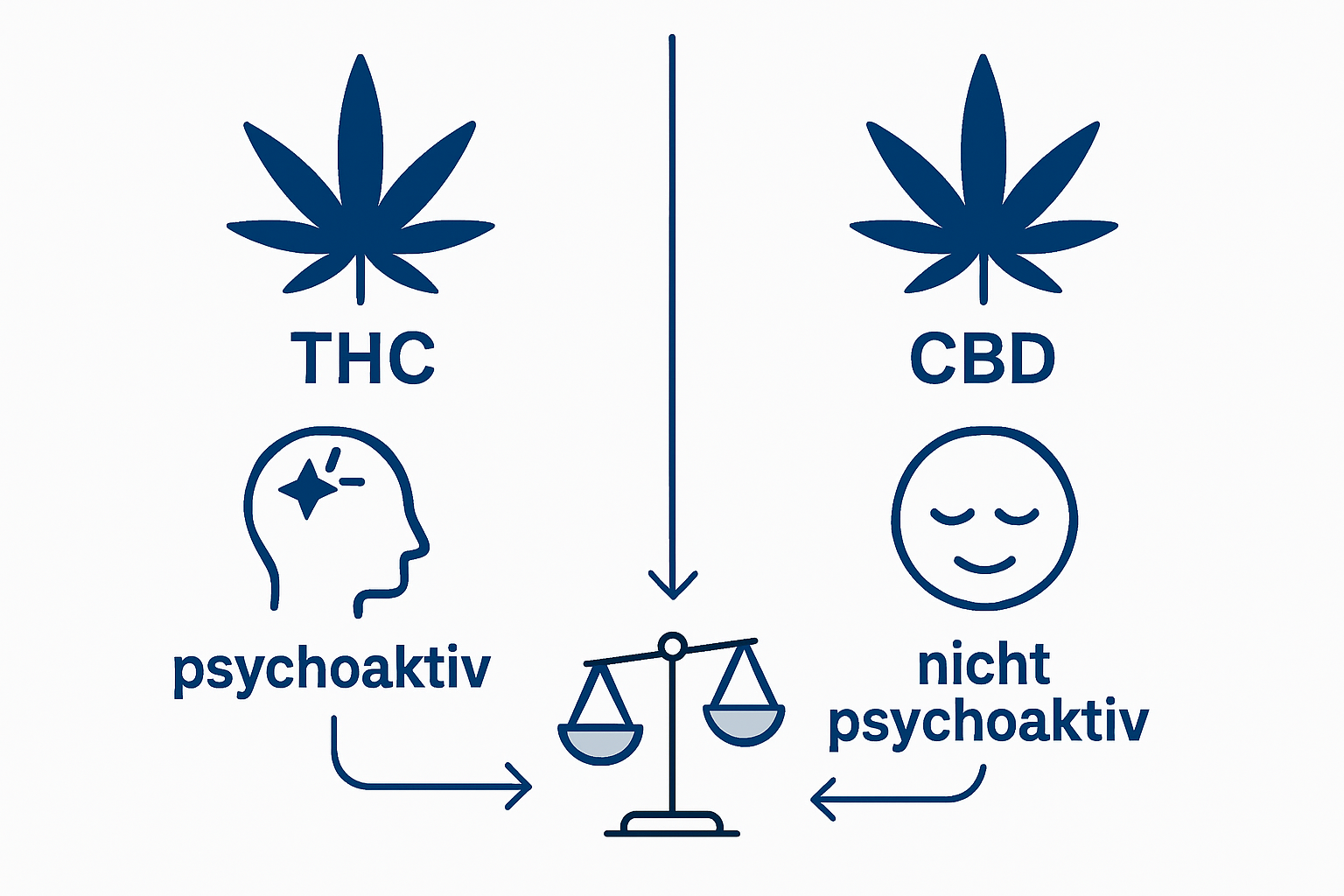 Die Infografik zeigt im Überblick, wie sich die rechtliche Lage von THC und CBD unterscheidet.