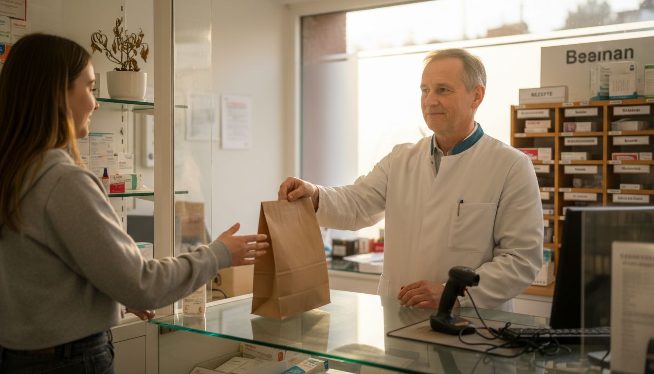 Eine Apothekerin überreicht einem Kunden sein Rezept am Verkaufstresen.