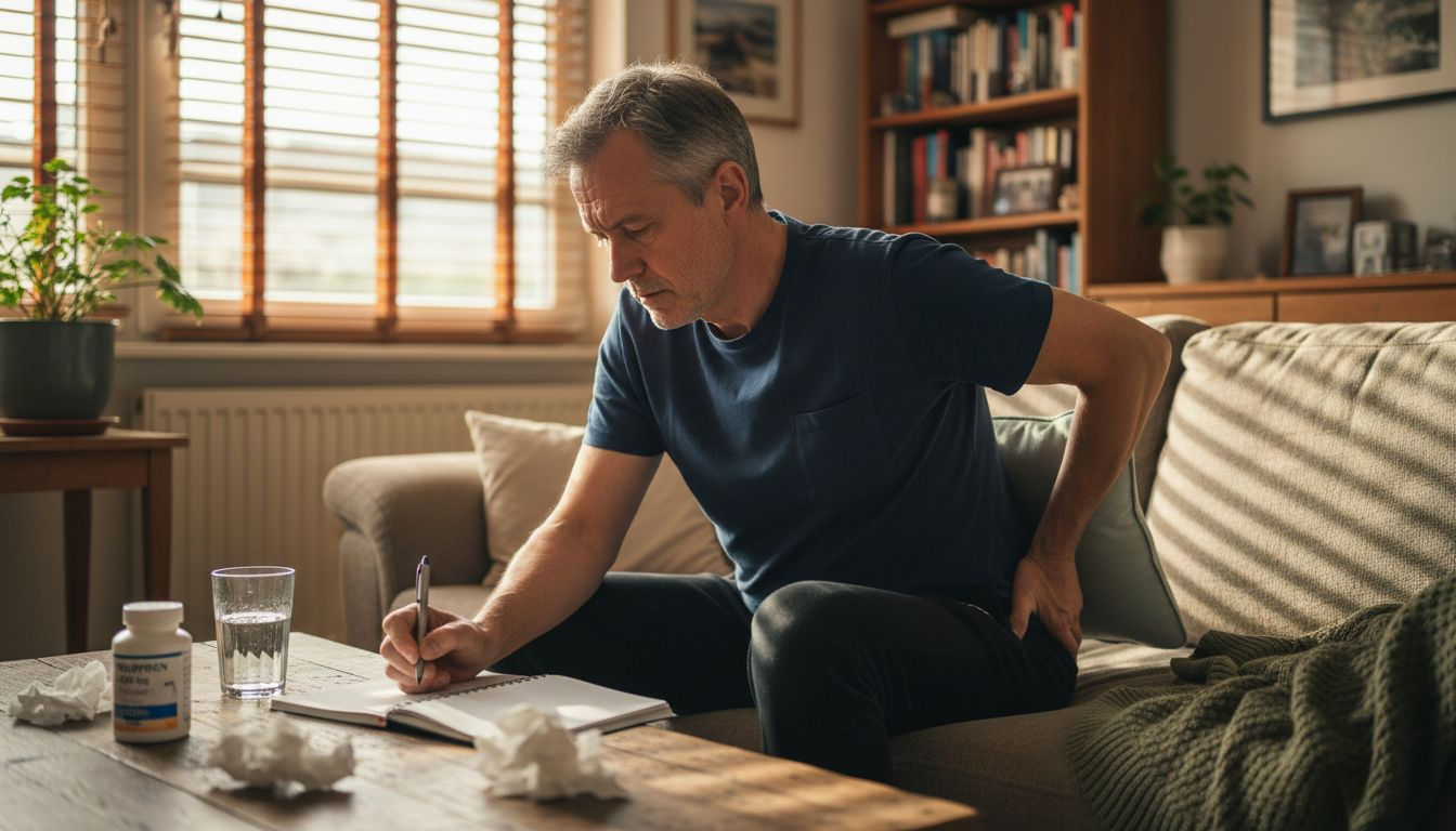Ein Mann hält seine Schmerztherapie auf dem heimischen Sofa fest.