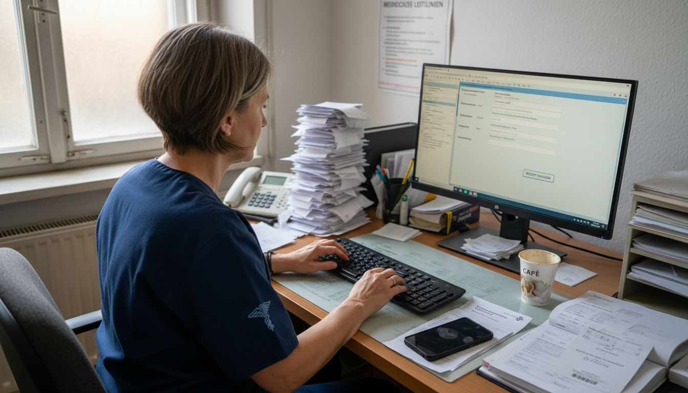Ein Arzt gibt im Sprechzimmer elektronische Rezepte in das Praxisverwaltungssystem ein.