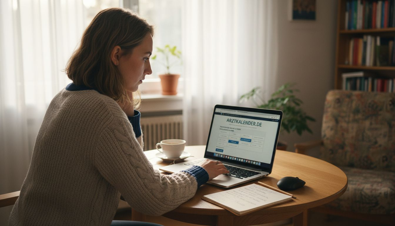 Eine Frau vereinbart online einen Termin für ein Videogespräch.