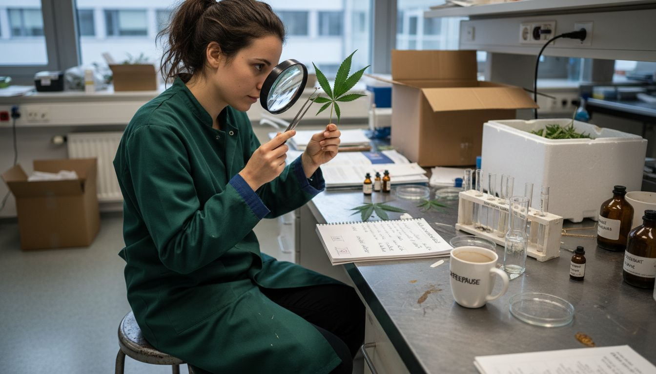 Ein Wissenschaftler untersucht ein Cannabisblatt im Rahmen einer Forschungsstudie.