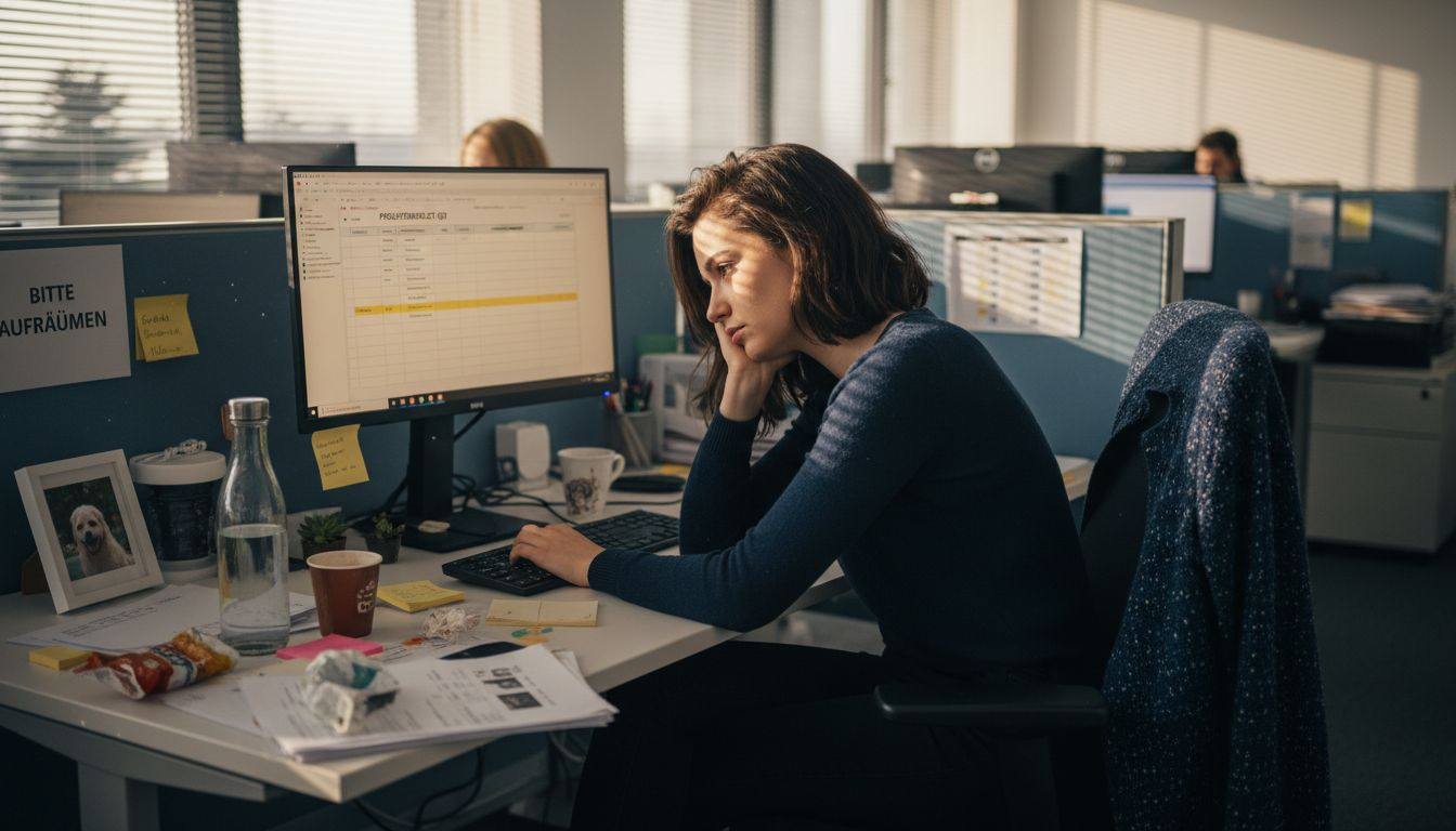 Mitten am Tag sitzt eine erschöpfte Frau an ihrem überfüllten Schreibtisch und ringt mit der Müdigkeit.