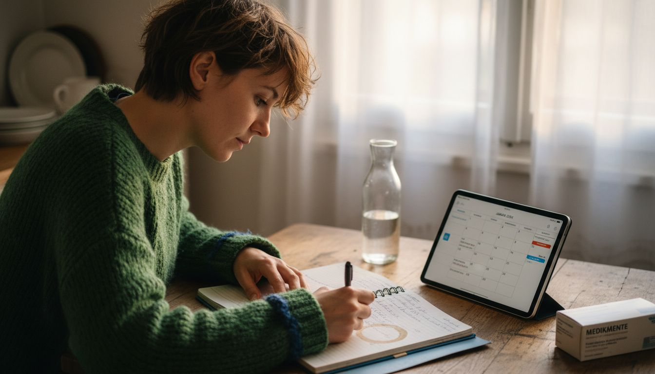 Zu Hause dokumentiert die Patientin regelmäßig ihren Therapieverlauf in einem Tagebuch.