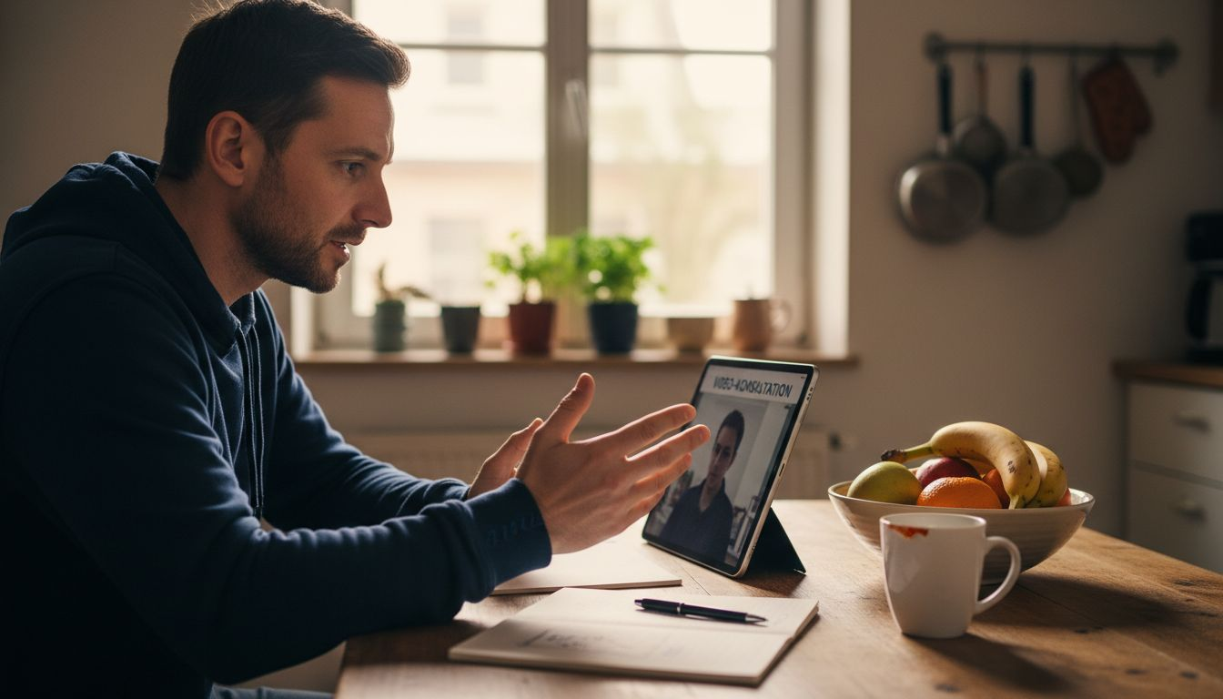 Ein Patient führt ein Videogespräch mit seinem Telemedizin-Arzt am Küchentisch.