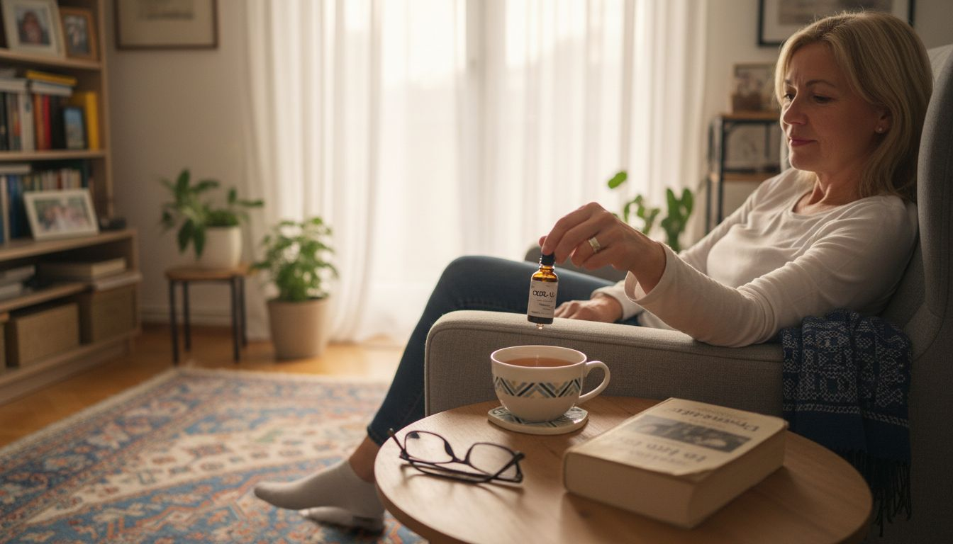 Eine Frau gönnt sich zuhause eine Auszeit und tropft CBD-Öl in ihren Tee.