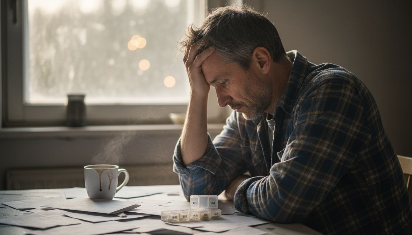 Ein Mann zieht sich an seinem überladenen Küchentisch in sich zurück.