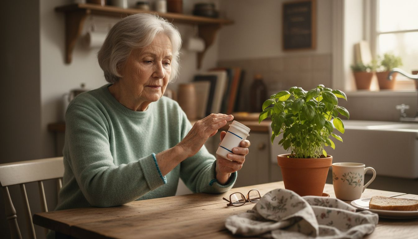Eine ältere Dame steht in ihrer Küche und hält ein Rezeptfläschchen mit medizinischem Cannabis in der Hand.
