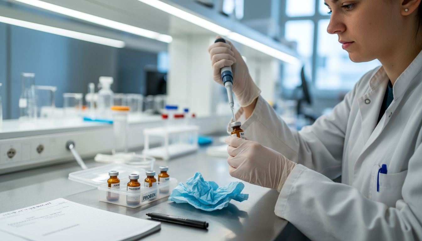 Ein Labormitarbeiter arbeitet mit Cannabis-Extrakt unter kontrollierten Bedingungen.