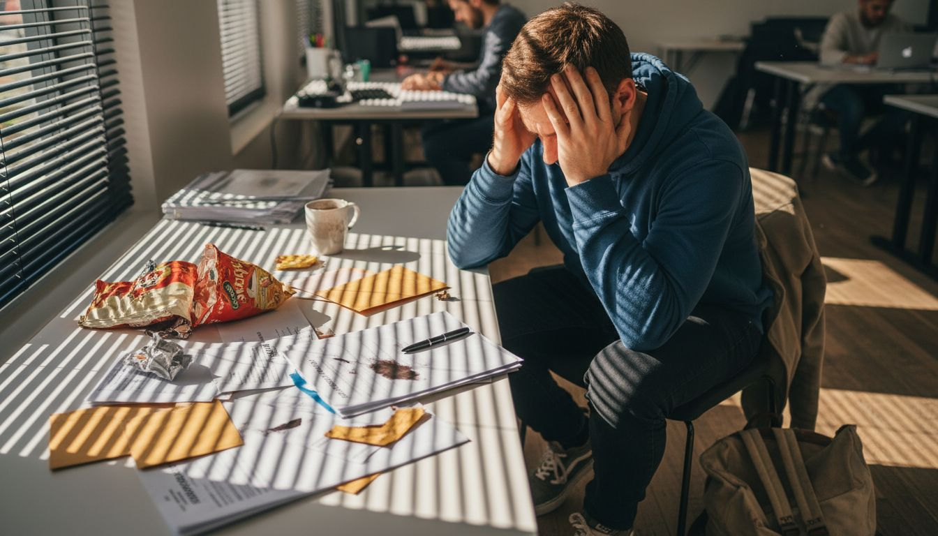 Ein junger Mann zeigt am Arbeitsplatz deutliche Anzeichen von Nervosität und innerer Unruhe.