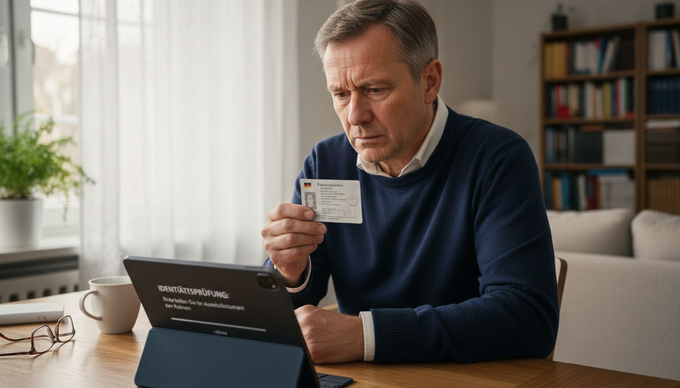 Ein Mann verifiziert seine Identität, indem er seinen Ausweis am Tablet vorzeigt.