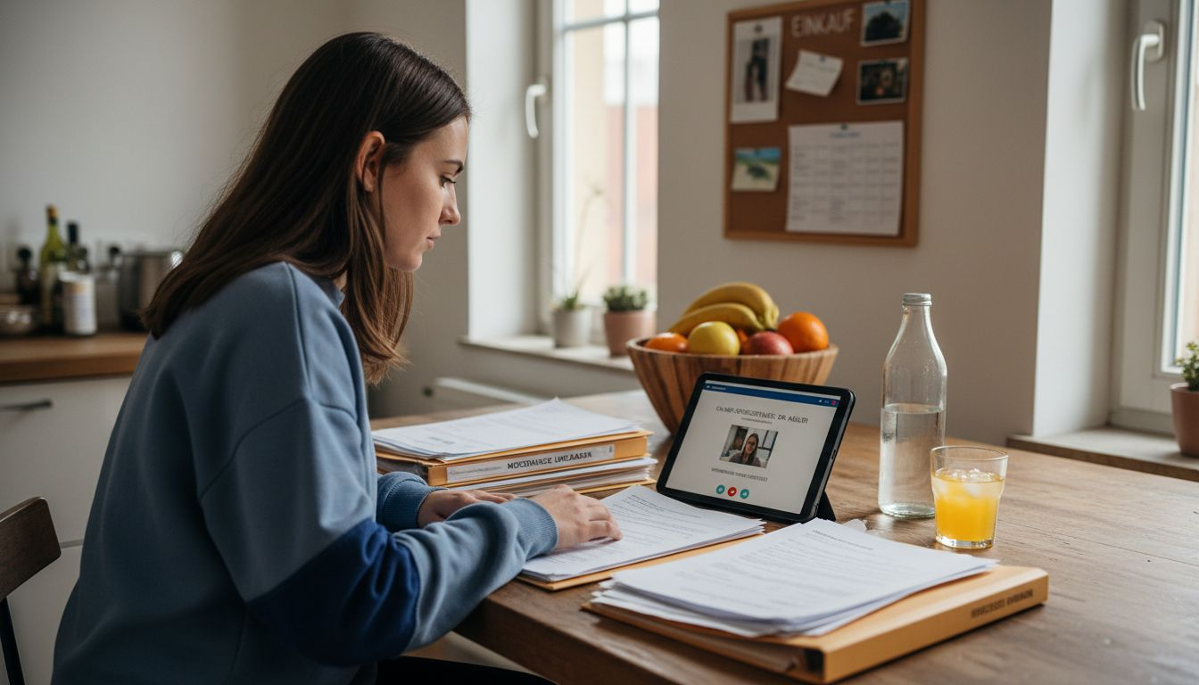 Eine Frau macht sich bereit für eine Online-Sprechstunde beim Arzt.