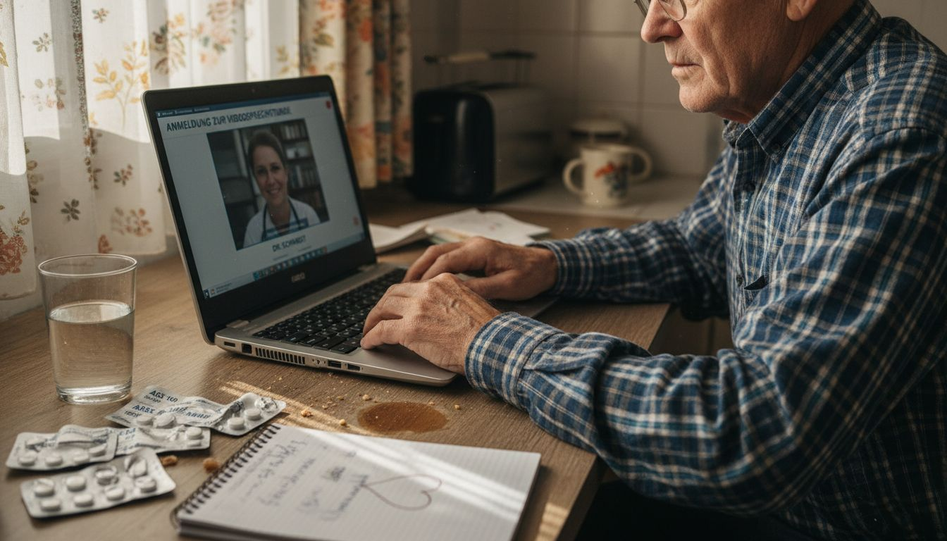 Der Patient nimmt bequem von zu Hause aus per Laptop an einer telemedizinischen Sprechstunde teil.