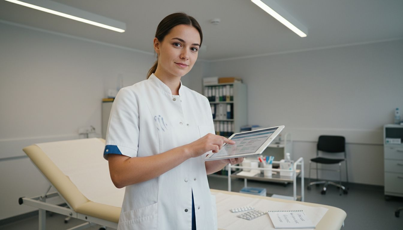 Bei der Kontrolluntersuchung hält die Ärztin den aktuellen Gesundheitszustand der Patientin fest.