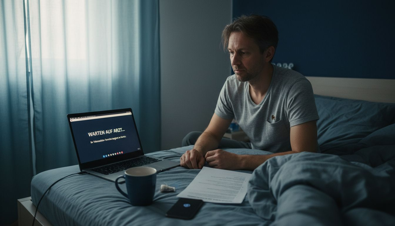 Ein Patient bereitet sich in seinem privaten Umfeld auf einen bevorstehenden Termin per Videosprechstunde vor.