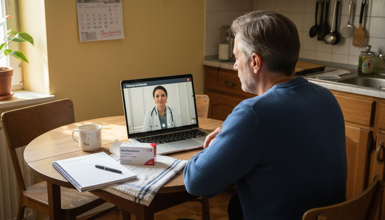 Ein Patient führt am Tisch ein Videogespräch mit seinem Arzt.