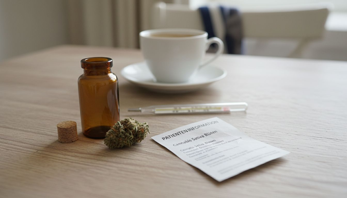 Medizinisches Cannabis und Medikamente auf einem rustikalen Holztisch arrangiert