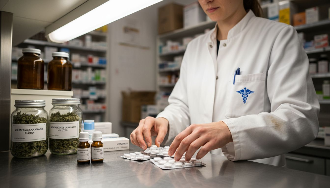 Eine Apothekerin sortiert verschiedene Cannabis-Arzneimittel und bereitet sie für die Ausgabe an die Patienten vor.
