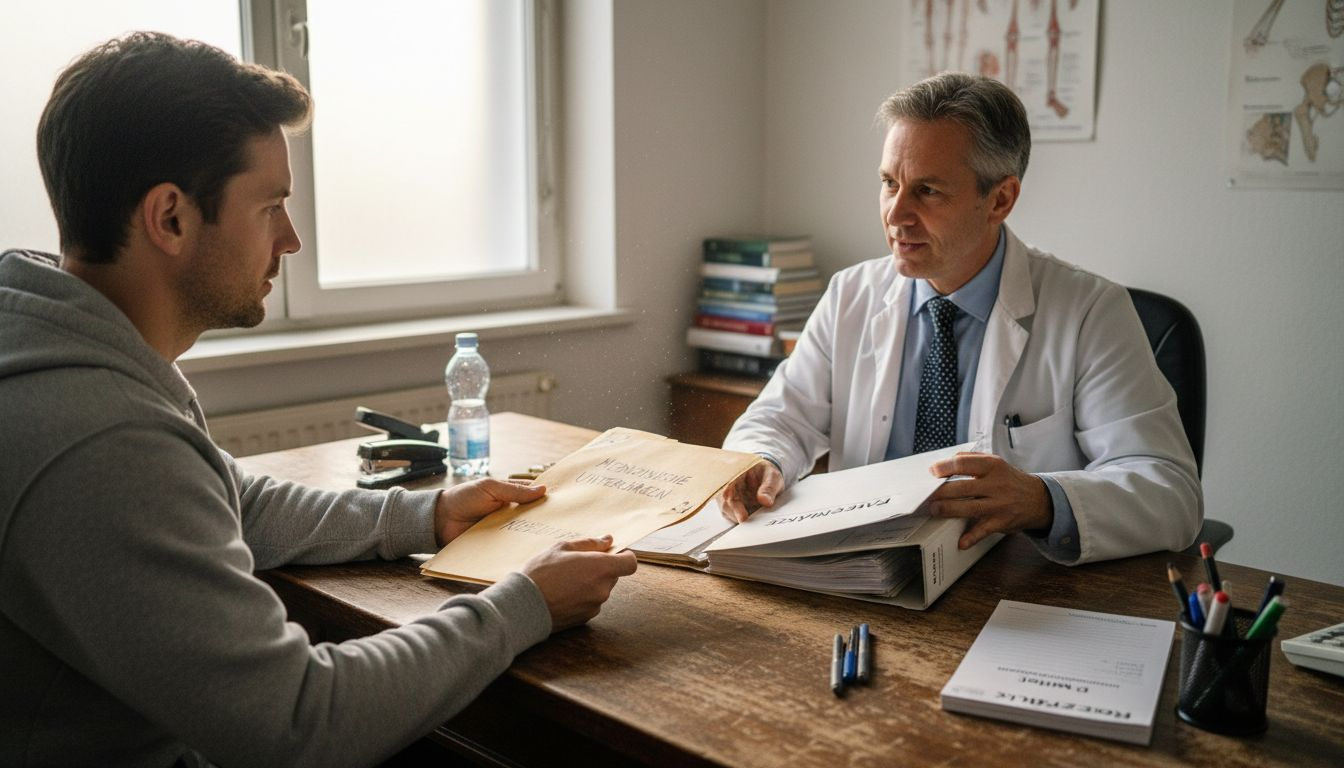 Ein Patient reicht die nötigen Unterlagen für ein Cannabis-Rezept beim Arzt ein.